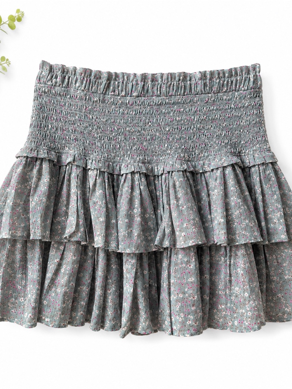 Smocked Tiered Floral Mini Skirt - Gray with Pink Accents